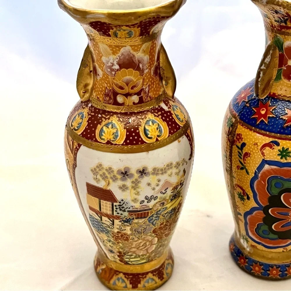 Japanese Satsuma Style Vases, Small Set of 2, Made in China, Vintage VGUC